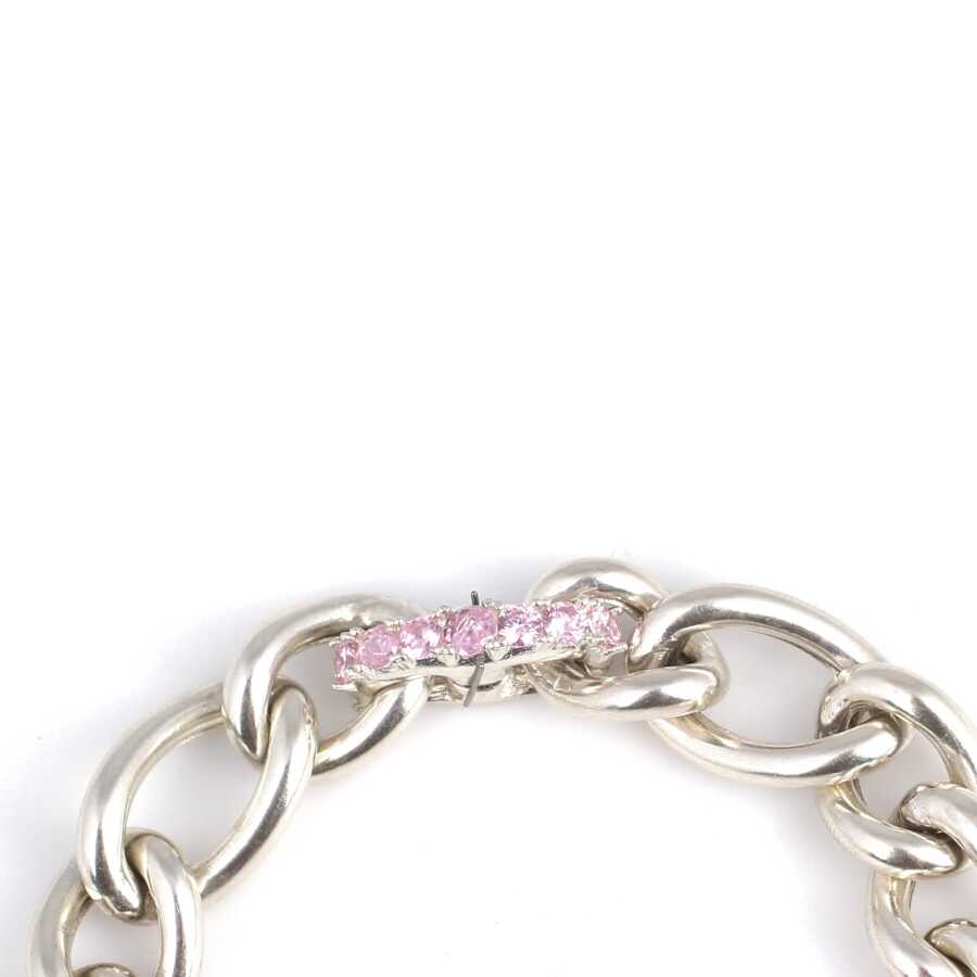 Sterling Silver Hollow Figaro Chain Bracelet - Pink Zircon Accents