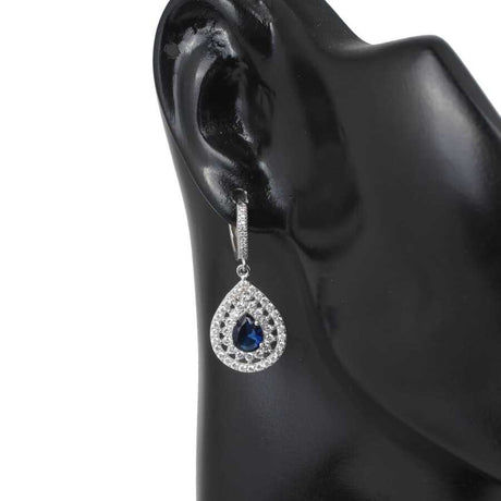 Sterling Silver Double Halo Teardrop Sapphire Zircon Drop Earrings