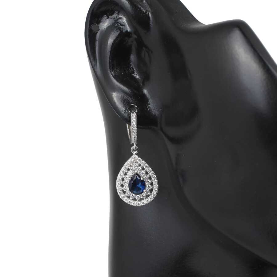 Sterling Silver Double Halo Teardrop Sapphire Zircon Drop Earrings