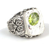 Hand-Engraved 925 Sterling Silver Peridot Men's Statement Ring