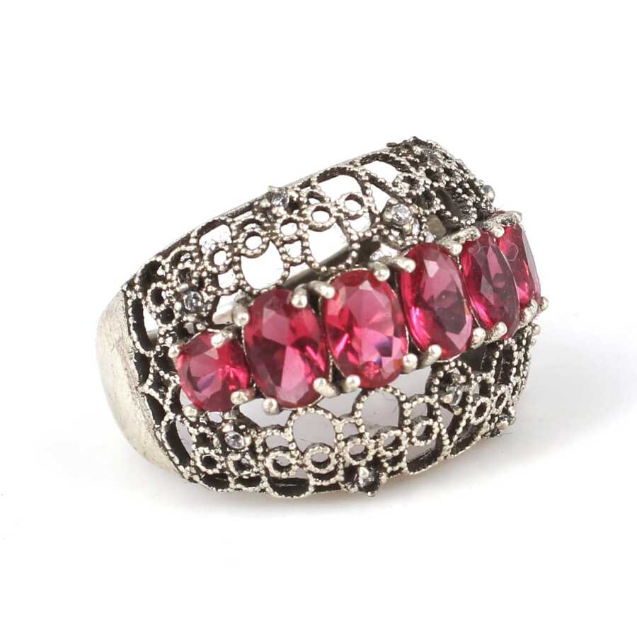 925 Sterling Silver Filigree Ring with Red & White Zircon