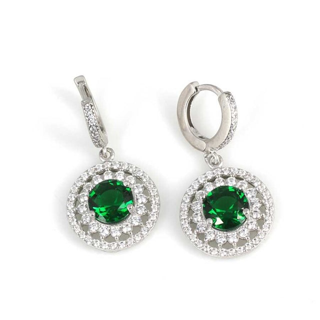 925 Sterling Silver Double Halo Round Emerald Zircon Earrings