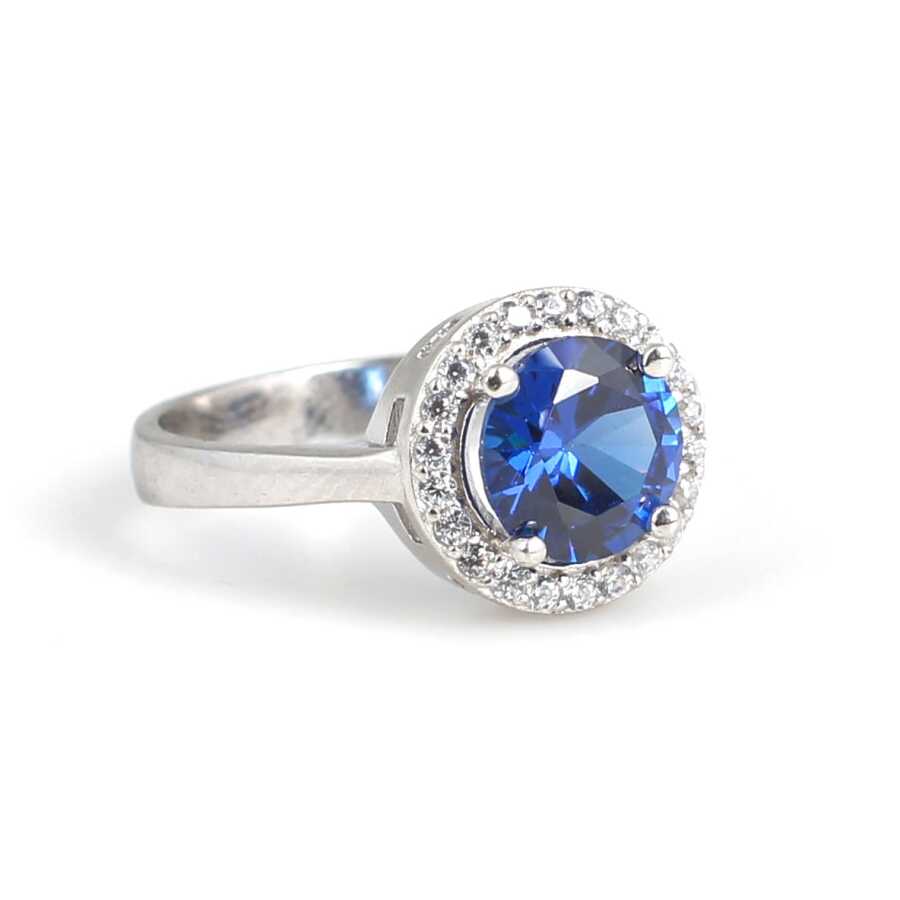 925 Sterling Silver Round Synthetic Sapphire Halo Ring
