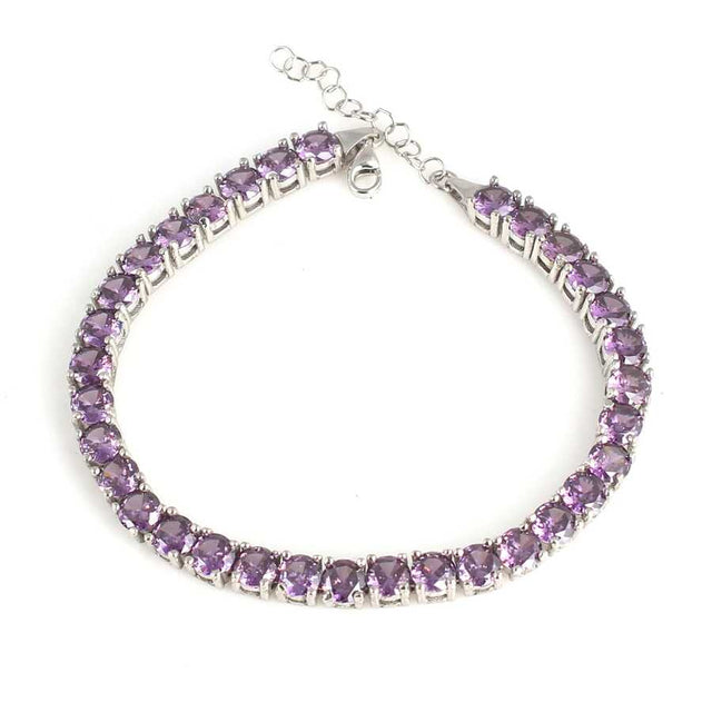 925 Sterling Silver Amethyst Line Bracelet - Classic Round Design