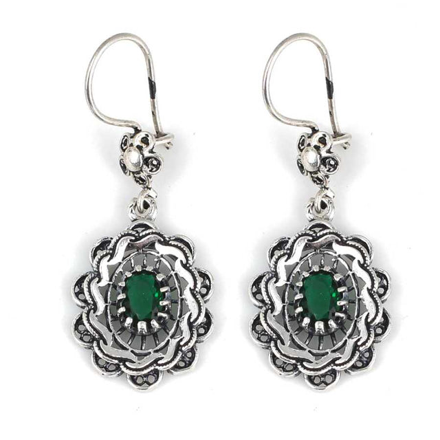 925 Sterling Silver Filigree Earrings - Floral Emerald Green Zircon