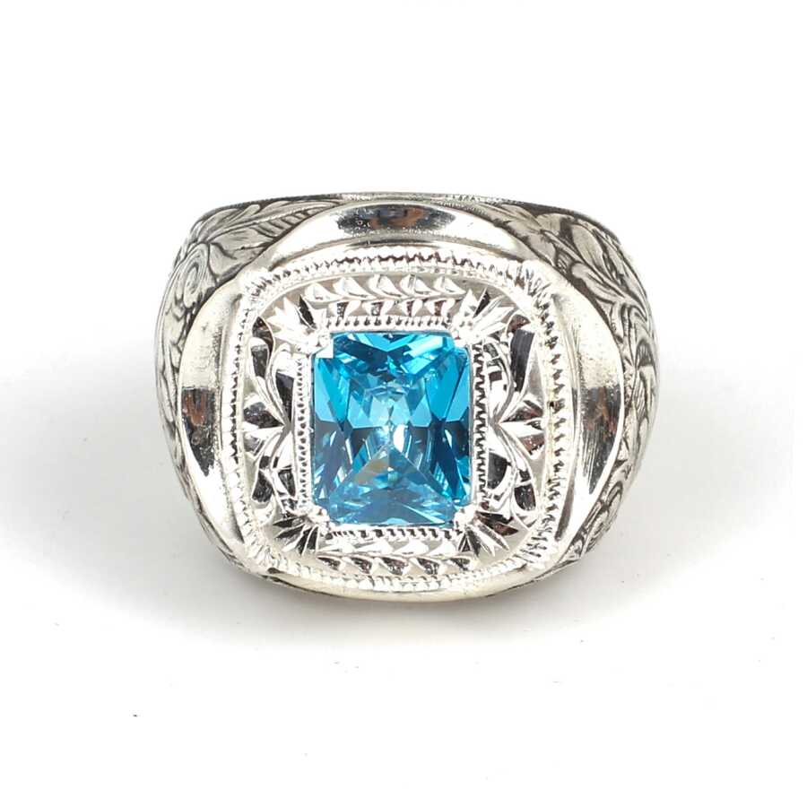 Artisan Engraved 925 Sterling Silver Aquamarine Men's Ring