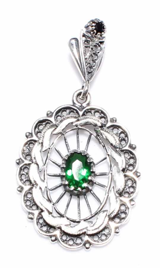 Sterling Silver Green Zircon Filigree Pendant - Handcrafted Elegance