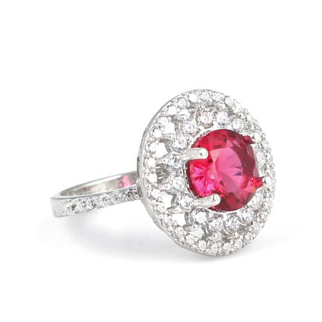 925 Sterling Silver Ruby Color Zircon Double Halo Statement Ring