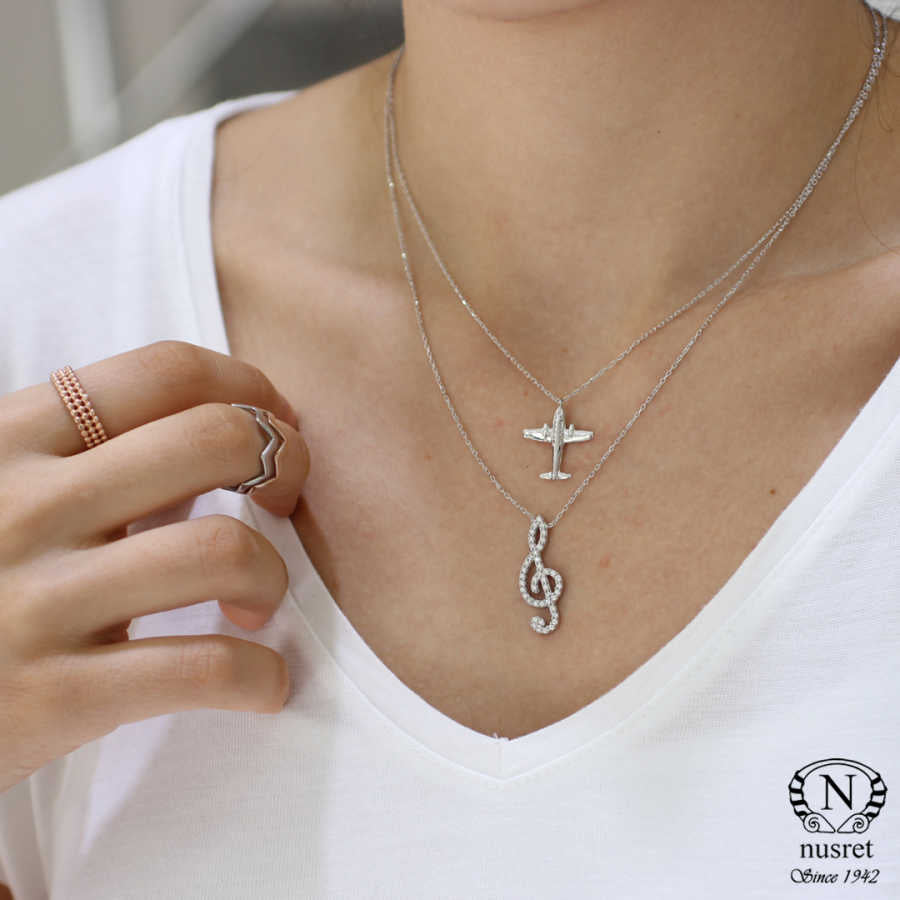 925 Sterling Silver Treble Clef Pendant Necklace with Zircon Stones