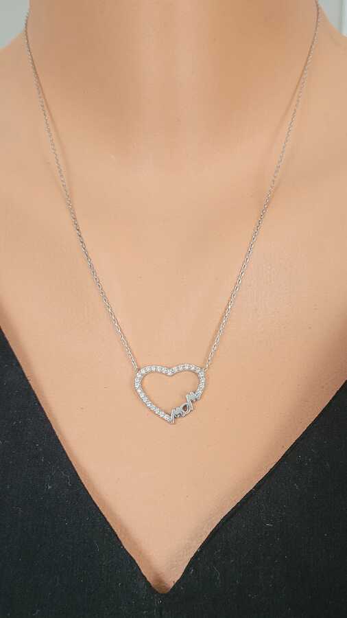 Sterling Silver Mom Heart Necklace - Zircon Embellished