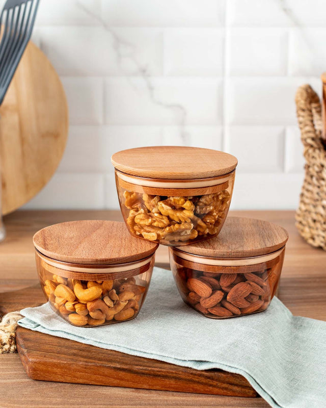 Set of 3 Food Storage Containers with Wooden Lids, 380ml Capacity