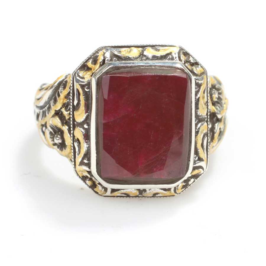 925 Sterling Zilveren Herenring met Robijn - Handgegraveerd Kolomontwerp