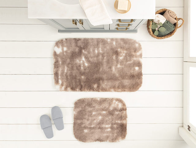 2-Piece Absorbent Bath Mat Set - White & Coffee Bathroom Rugs