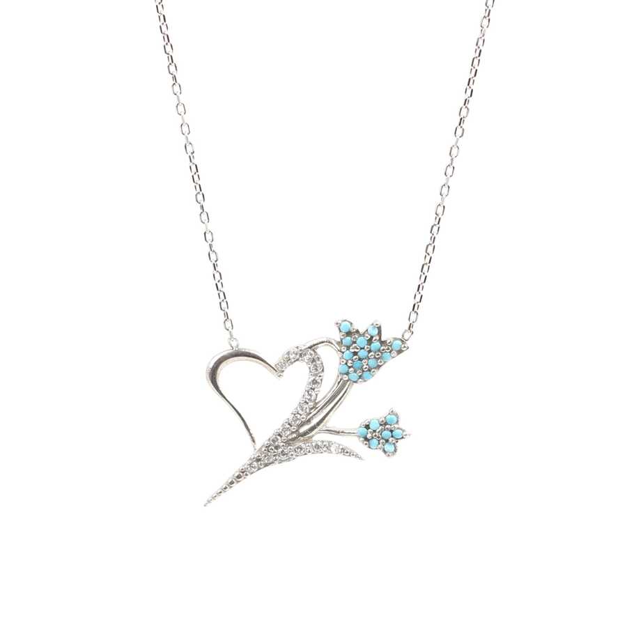 Sterling Silver Turquoise & Zircon Heart & Tulip Pendant Necklace