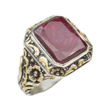 925 Sterling Silver Men's Ruby Ring - Hand-Engraved Column Design