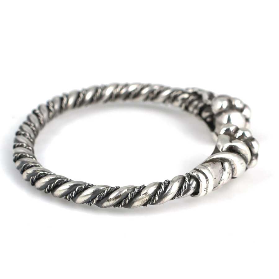 Sterling Silver Leaf & Ball Design Twisted Open Cuff Bracelet