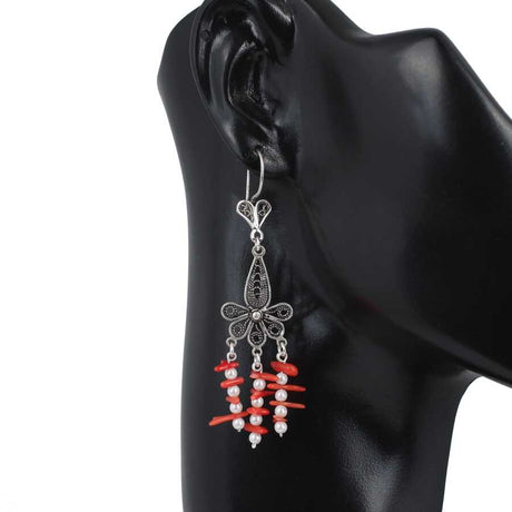 Handcrafted 925 Sterling Silver Filigree Drop Earrings with Coral & Pearl