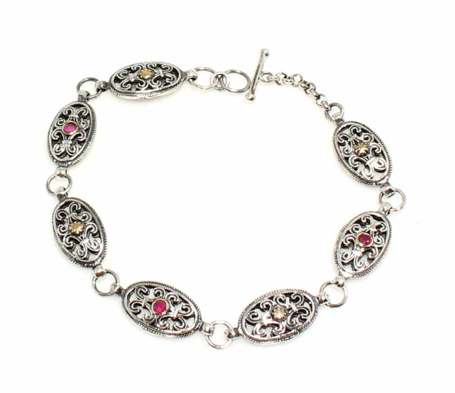 Sterling Silver & Bronze Antique Bracelet - Red Zircon Oval Design