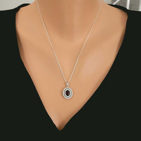 Premium 925 Sterling Silver Double Row Halo Oval Garnet Necklace