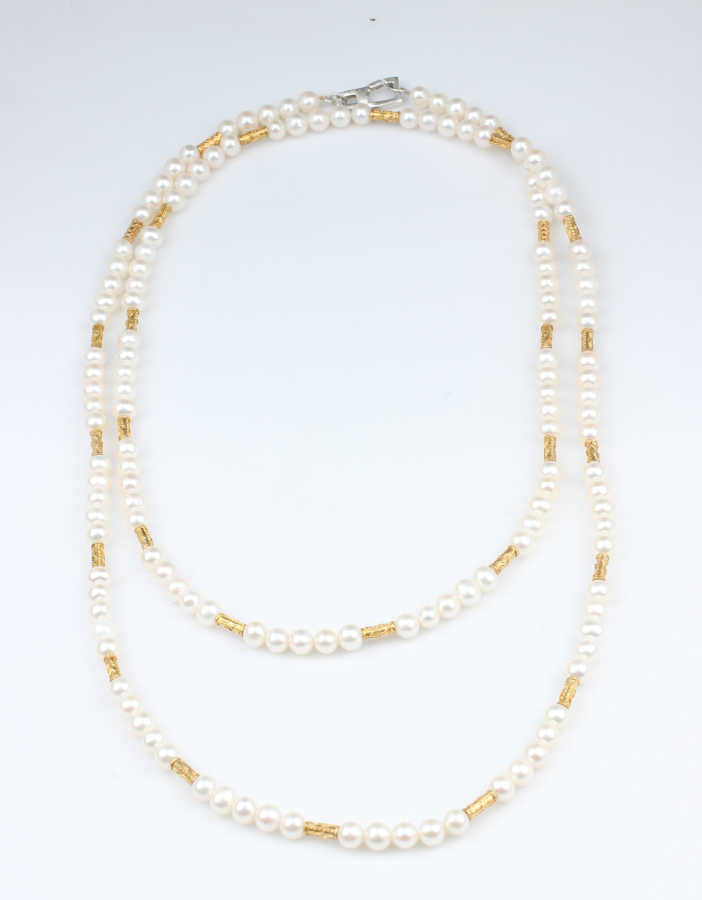 925 Sterling Silver Double Strand Pearl Necklace - Elegant Fancy Design