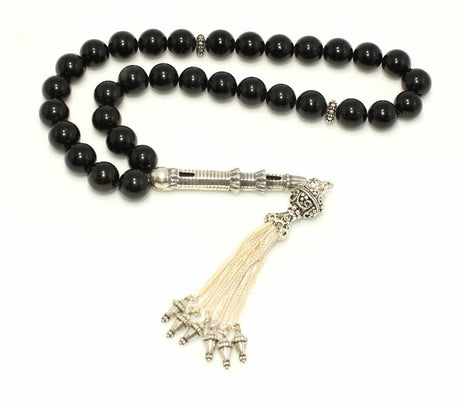 Premium Black Onyx Natural Stone Silver Prayer Beads