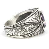 925 Sterling Silver Amethyst Men's Ring - Handcrafted Cross Design