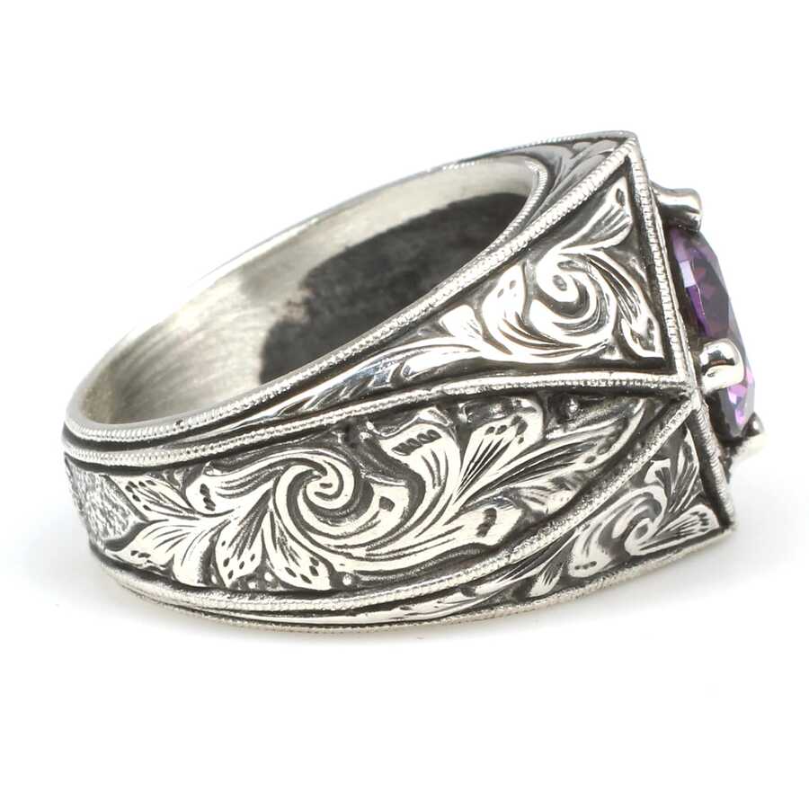 925 Sterling Silver Amethyst Men's Ring - Handcrafted Cross Design