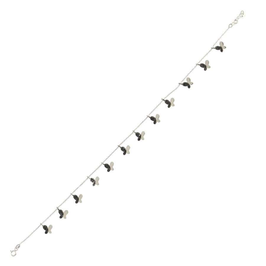 Premium Sterling Silver Butterfly Anklet Bracelet White Black Stone