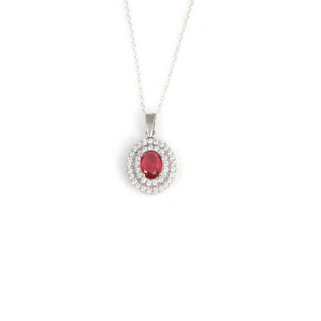 925 Sterling Silver Double Halo Oval Ruby Zircon Pendant Necklace