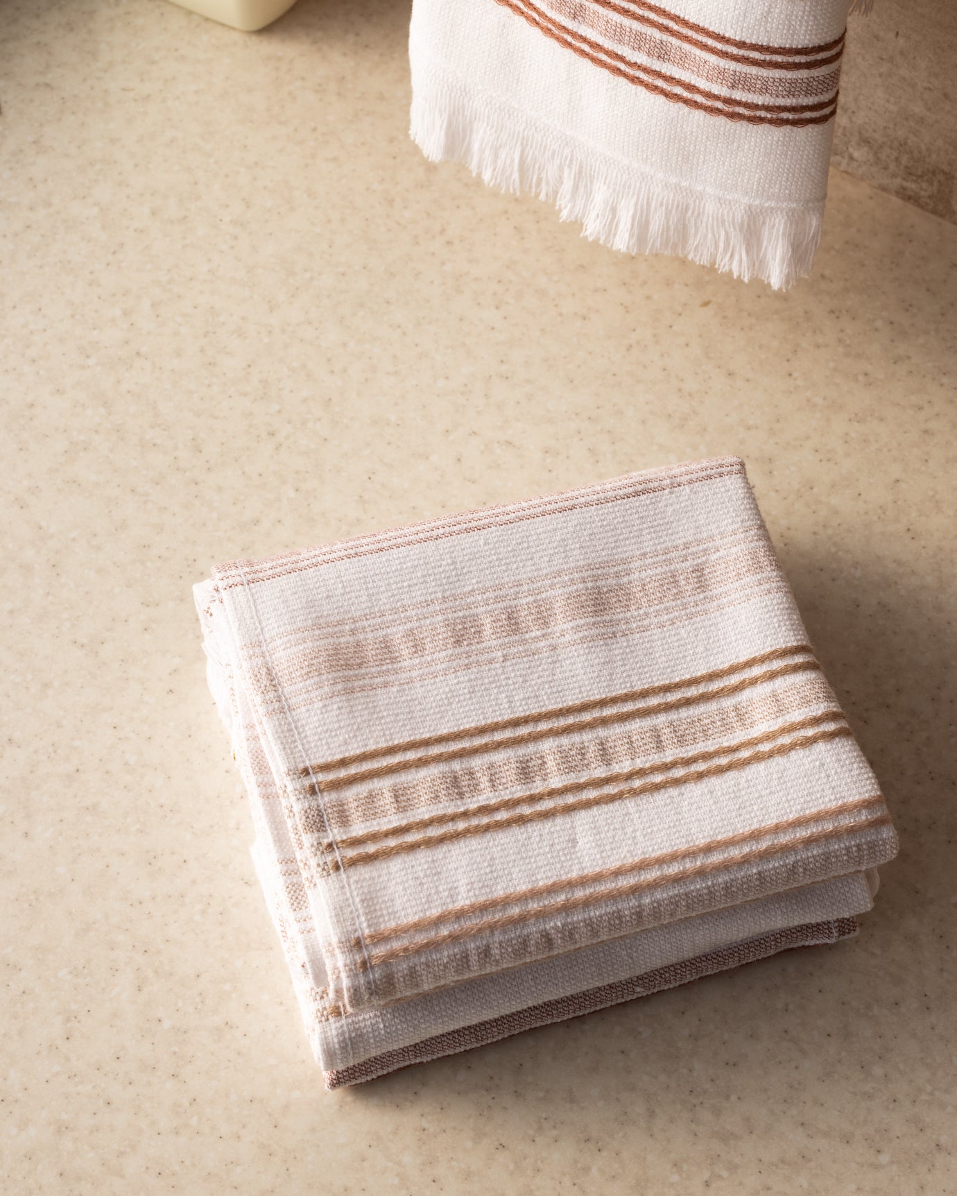 Set of 4 Cotton Hand Towels - White & Beige Bathroom Towel Pack