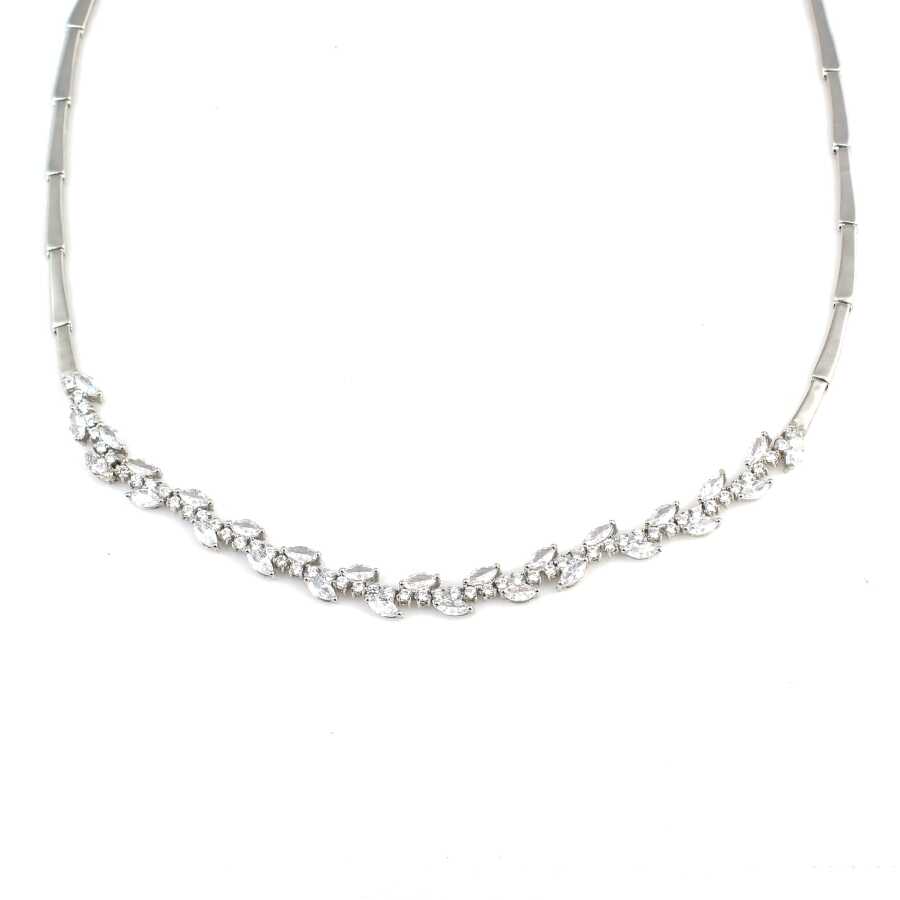 Sterling Silver White Zircon Leaf Tennis Necklace