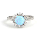 925 Sterling Silver Round Blue Opal & Zircon Halo Ring - Elegant Design