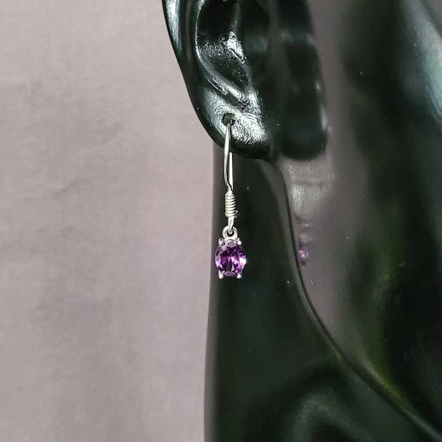 925 Sterling Silver Oval Amethyst Drop Earrings - Petite Design