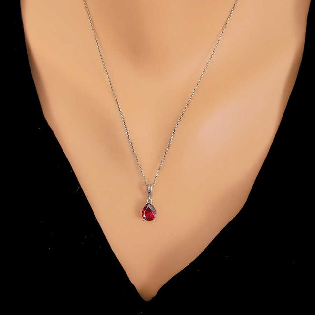 Premium 925 Sterling Silver Large Drop Synthetic Ruby Necklace