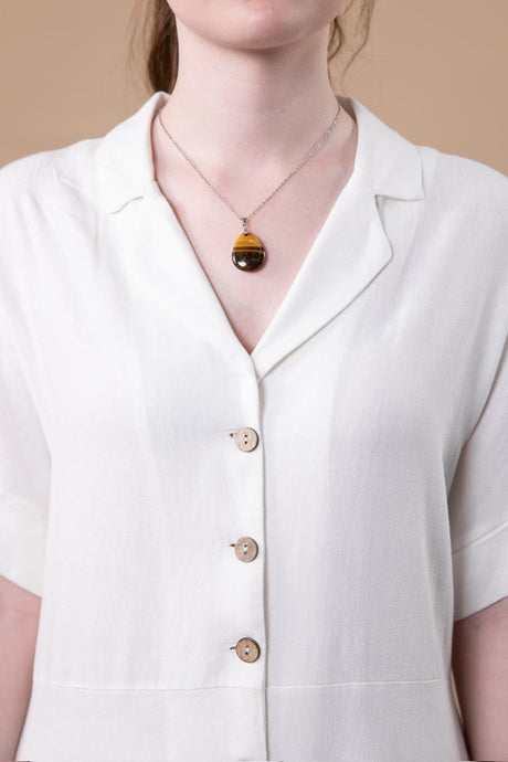 Natural Brown Tiger's Eye Drop Necklace - Steel Chain