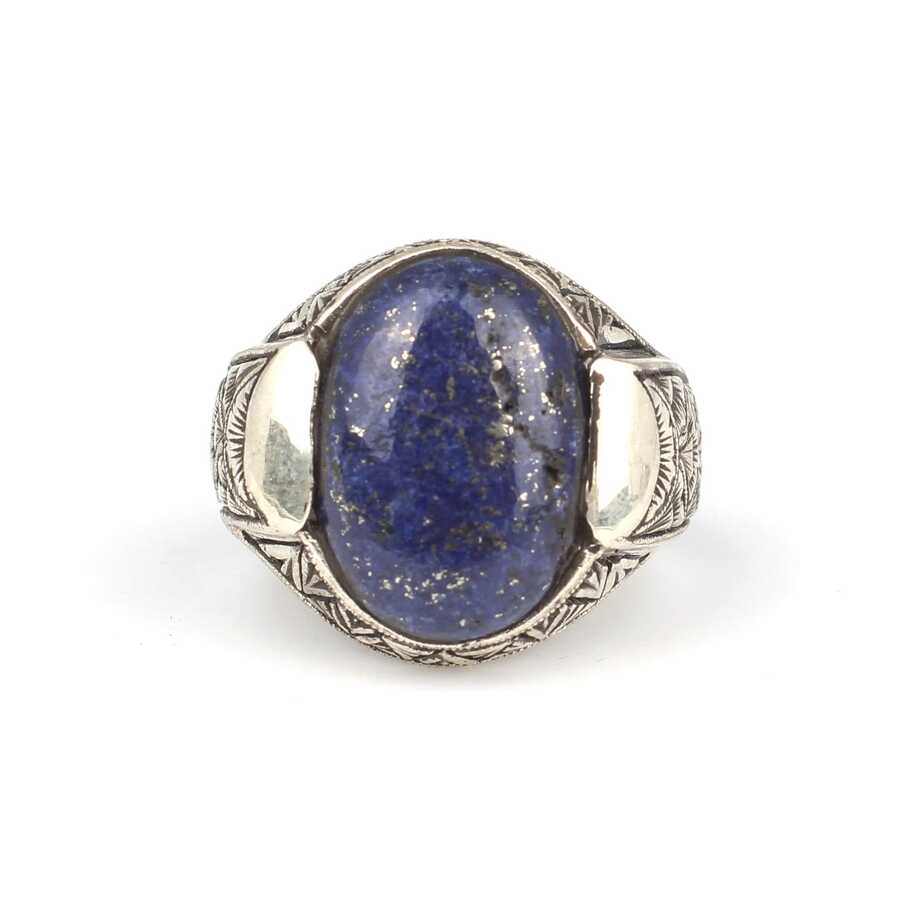 Sterling Silver Men's Ring - Oval Synthetic Lapis Hand-Engraved