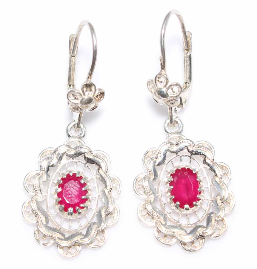 925 Sterling Silver Floral Filigree Earrings with Ruby Red Zircon