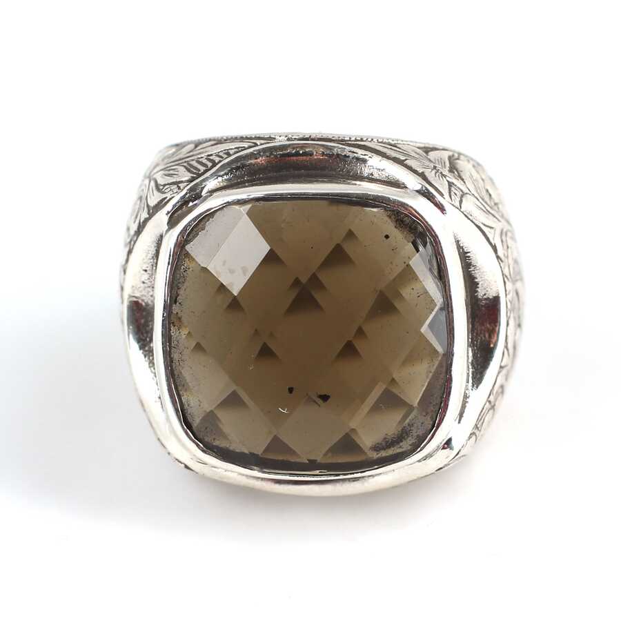 Anillo de Plata de Ley para Hombre - Piedra de Cuarzo Ahumado Grabada a Mano