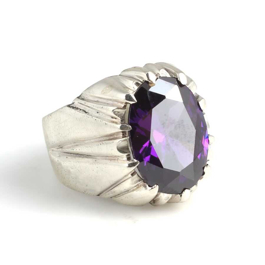 Sterling Silver Amethyst Men's Ring - Bold Flat Polished Design