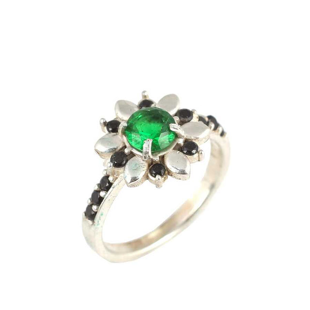 Premium 925 Sterling Silver Synthetic Emerald Flower Ring