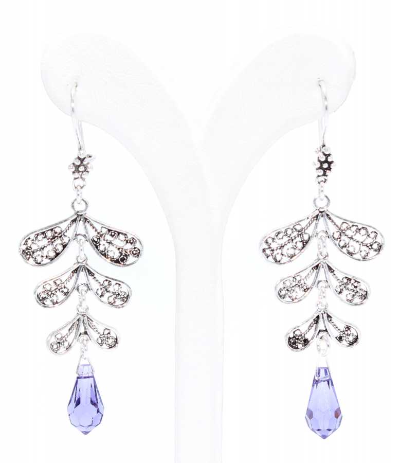 Náušnice Swarovski s motivem listu z ametystu, visací, filigránové, 925 sterling stříbro