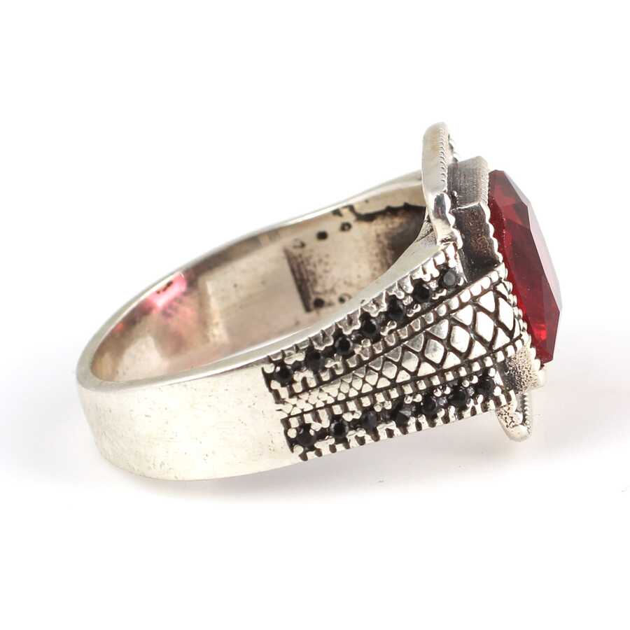 925 Sterling Silver Men's Ring with Four-Cornered Synthetic Ruby