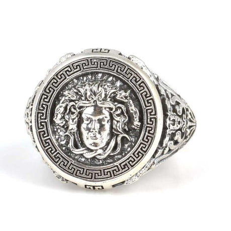 925 Sterling Silver Medusa Head Ring - Embossed Greek Pattern