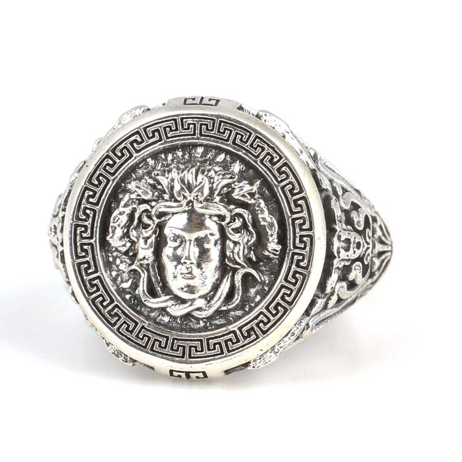 925 Sterling Silver Medusa Head Ring - Embossed Greek Pattern