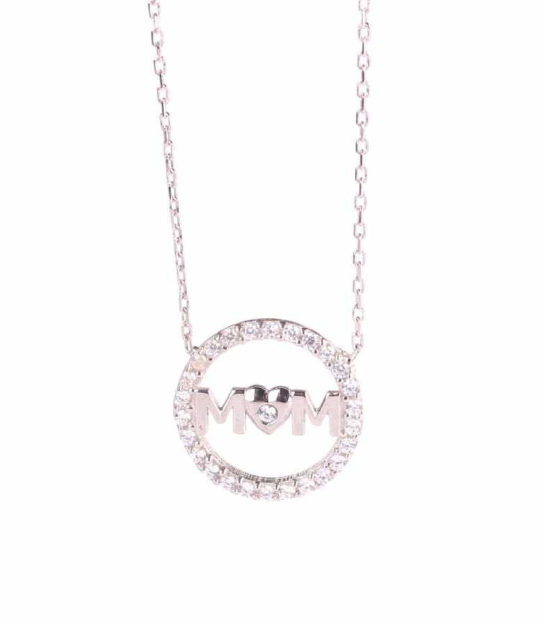 Sparkling Sterling Silver White Zircon 'Mom' Pendant Necklace