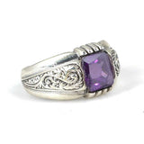Sterling Silver Emerald Cut Amethyst Patterned Mens Ring