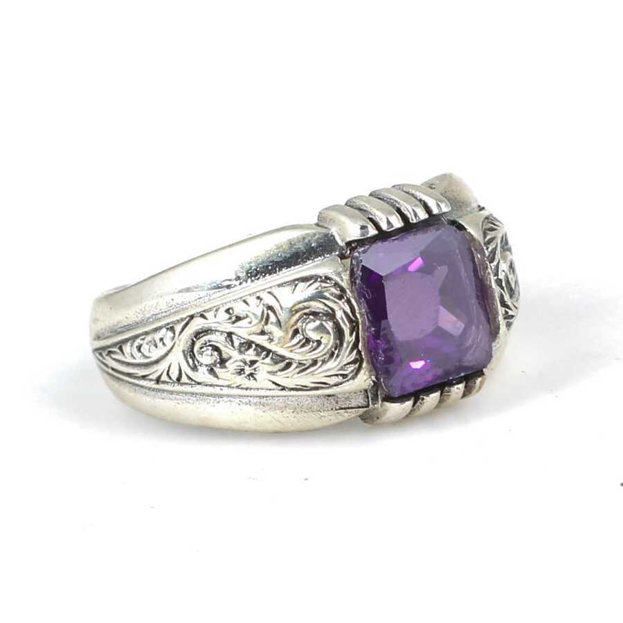 Sterling Silver Emerald Cut Amethyst Patterned Mens Ring