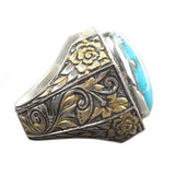 Handcrafted 925 Sterling Silver Men's Ring with Real Turquoise & Engraving