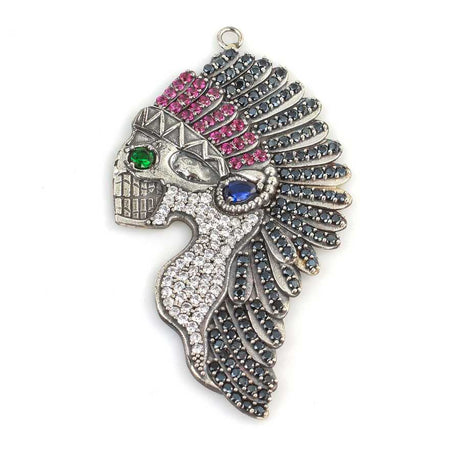 Sterling Silver Native American Head Pendant - Colorful Zircon Accents