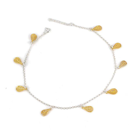 Sterling Silver Teardrop Filigree Anklet - Artisan Crafted